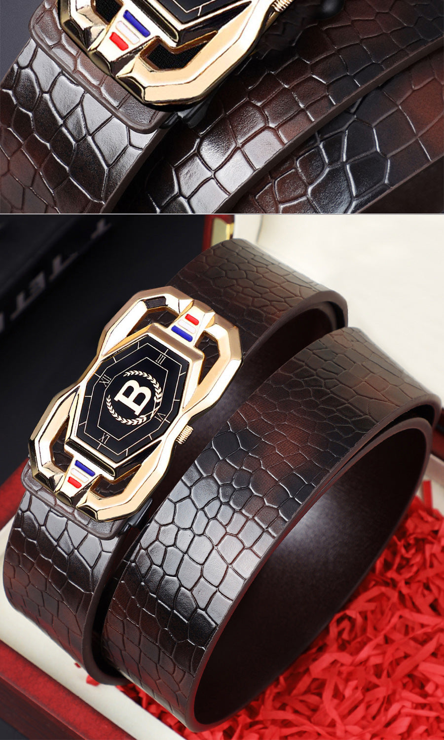 🐊Férfi bőröv, elegáns krokodilbőr mintával, automatikus csatral, marhabőrből készült.